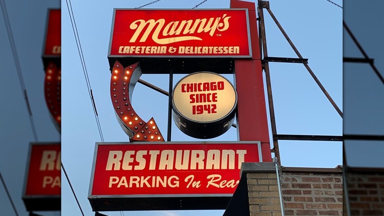 A close-up of the Manny's Cafeteria & Delicatessen sign in Chicago