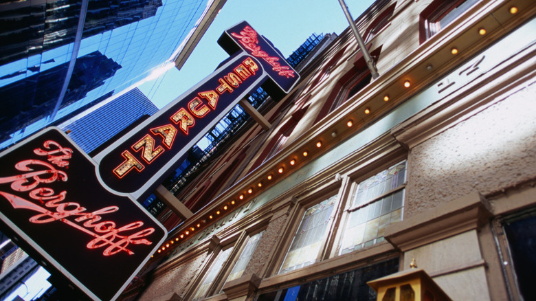 A bottom-up view of The Berghoff restaurant sign
