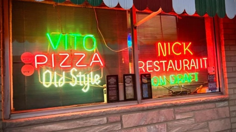 The neon signs from the front of Vito & Nick's pizzeria in Chicago