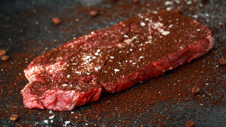 Raw steak with a dry coffee rub