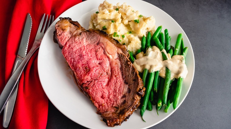 prime rib dinner with mash and veg