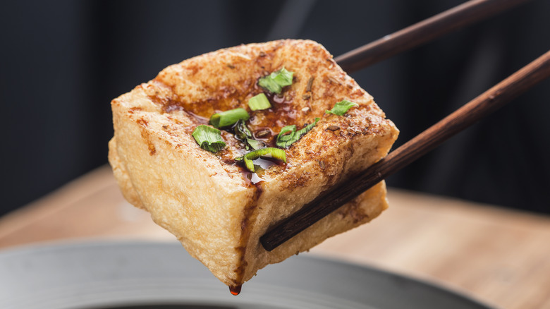 Fried tofu with sauce and scallions